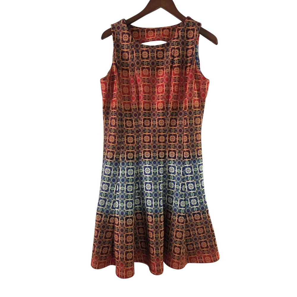 Julian Taylor Geometric Kaleidoscope Cutout Back Fit and Flare Dress 14 Women